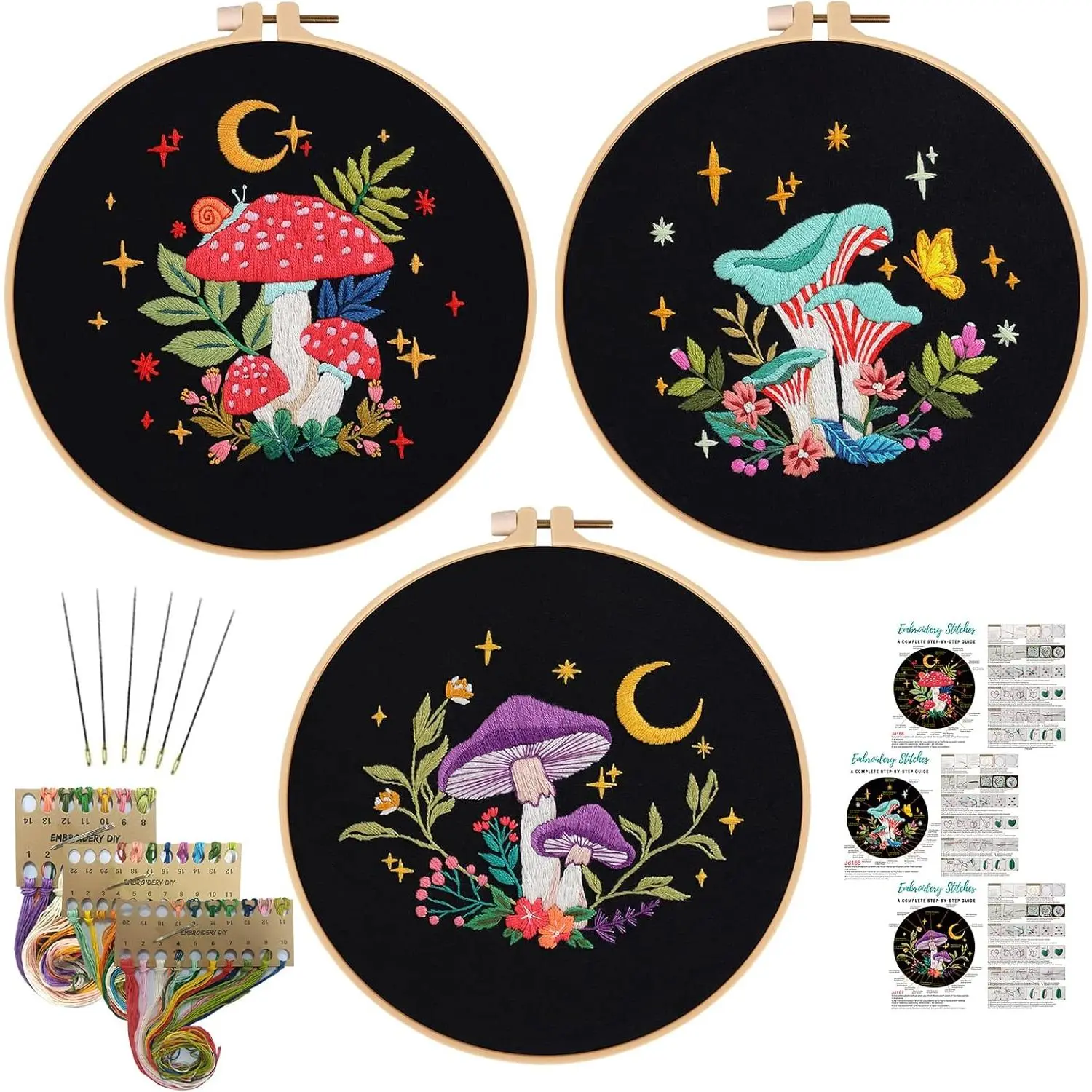 3 Pack Embroidery Kit for Adults Beginners, Stamped Cross Stitch Mushroom Patterns with Hoop, Thread,  & Step-by-Step Guide Easy DIY Starter Kit