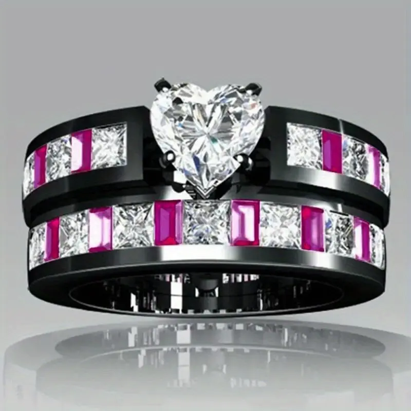 2 Pcs/Set Women Rings Set Exquisite Synthetic Stone Heart Zirconia Ring for Women Wedding Engagement Promise Ring Jewelry