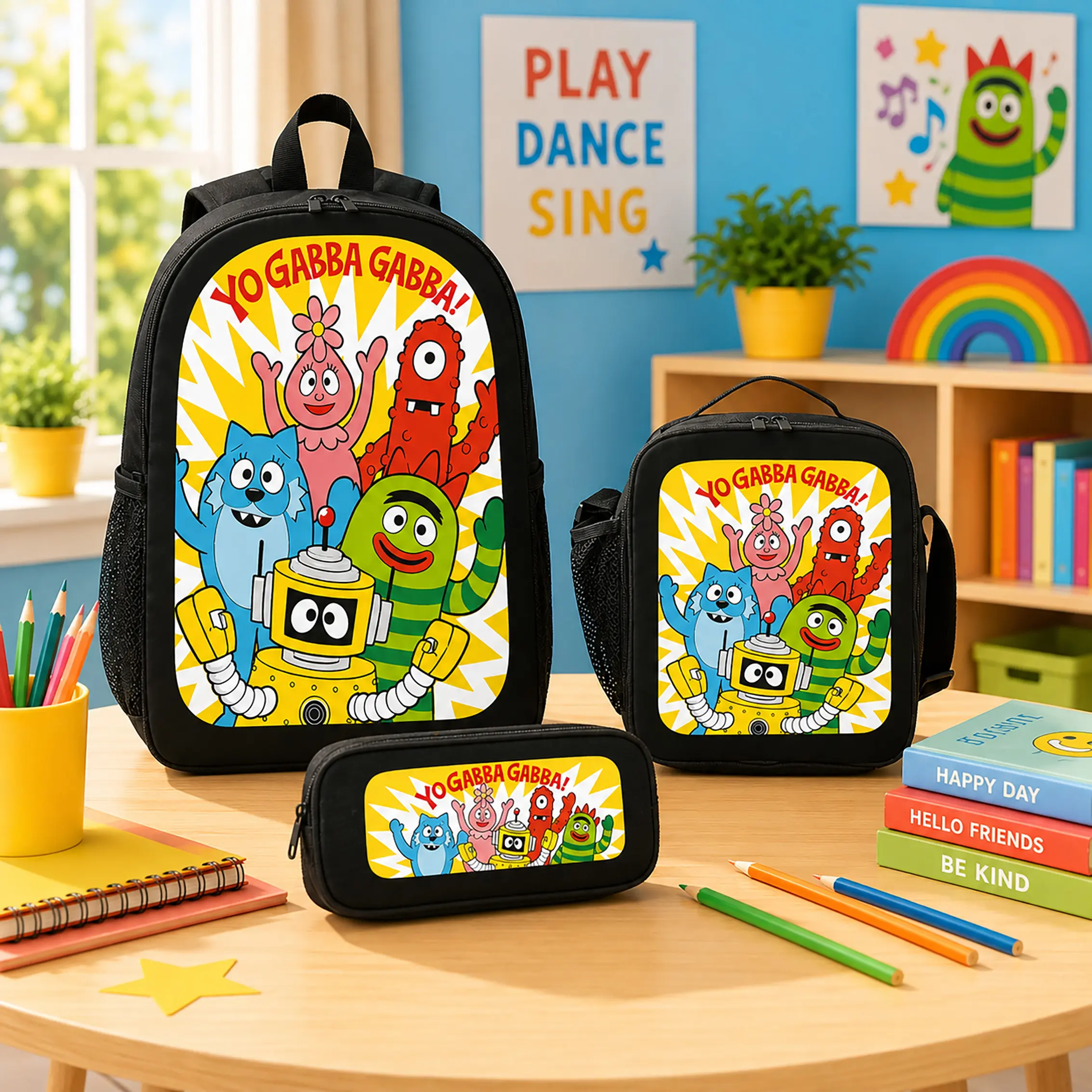Yo Gabba Gabba Backpack Set Lunch Bag Pencil Case Polyester Lightweight Durable School Travel Daily Carry Back To School Birthday Gift For Kids Boys Girls Teens Students Fans Cute Cartoon Merch TikTok Viral Trending Fashion Accessories