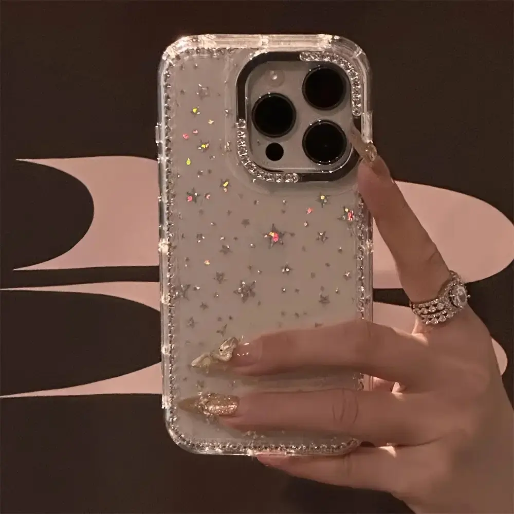 Luxury Rhinestone Custom Polycarbonate Smartphone Case Shell - Patterned Sparkling Rhinestone Border Adds Luxe Sparkle, Transparent, Durable, Flexible, Shockproof Protection, Multi-Model for iPhone 17,16,15,14,13,12 Pro Max, Christmas Gift