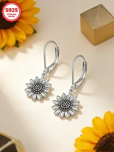Women's Vintage Bohemian 925 Sterling Silver Sunflower Earrings, Fashionable Lightweight Dangle Ear Hooks, Allergy-Free, Perfect Gift