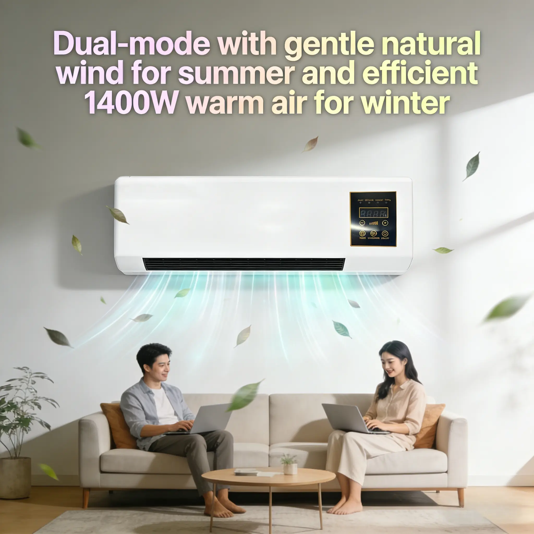 Household Wall Mount Dual Function Air Unit, Soft Gentle Natural Wind for Summer Days, Efficient Warm Air for Cold Winter, 1400W