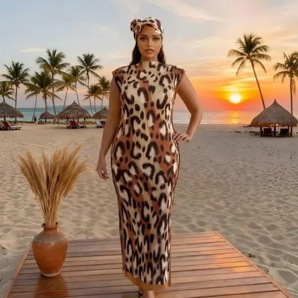 Women's 2-Piece Boho Dress Set, Bold Cheetah & Chain Print Pleated Cover Up Dress with Matching Scarf for Beach Vacation, Going Out, Breathable, Casual Wear, Cheetah Print, Bold Style, Animal Print