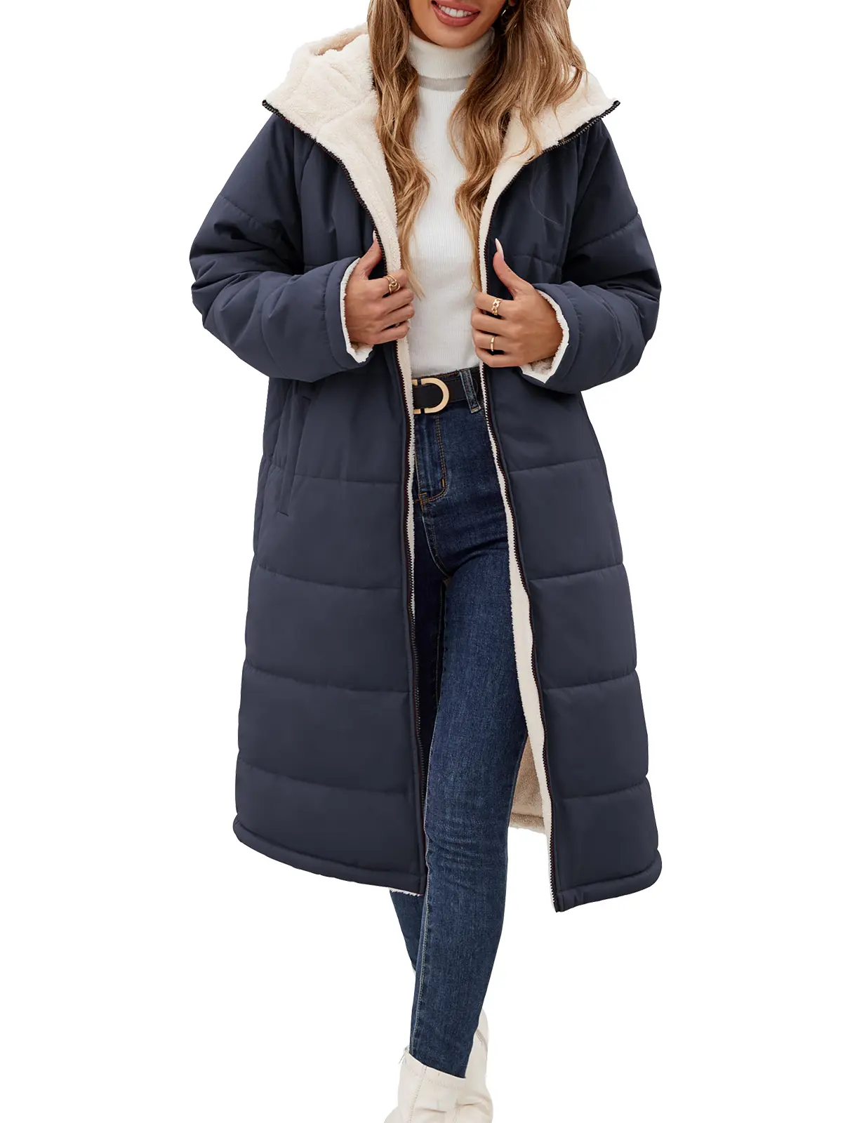 FASHORA Women Reversible Sherpa Fleece Lined Long Hooded Coat Zip Up Quilted Padded Warm Winter Outerwear Parka Jacket Womenswear Style Tops Casual