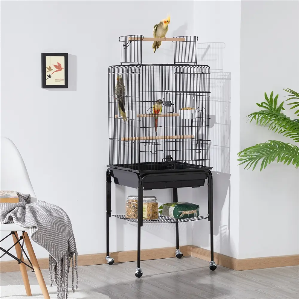 Yaheetech 53.5" Open Top Solid Metal Bird Cage w/ Detachable Rolling Stand, 18.5”Lx18.5”Wx28”H, Parakeet Cage Setup for Small Birds, Balcony-Ready Lovebirds Cockatiel Canary