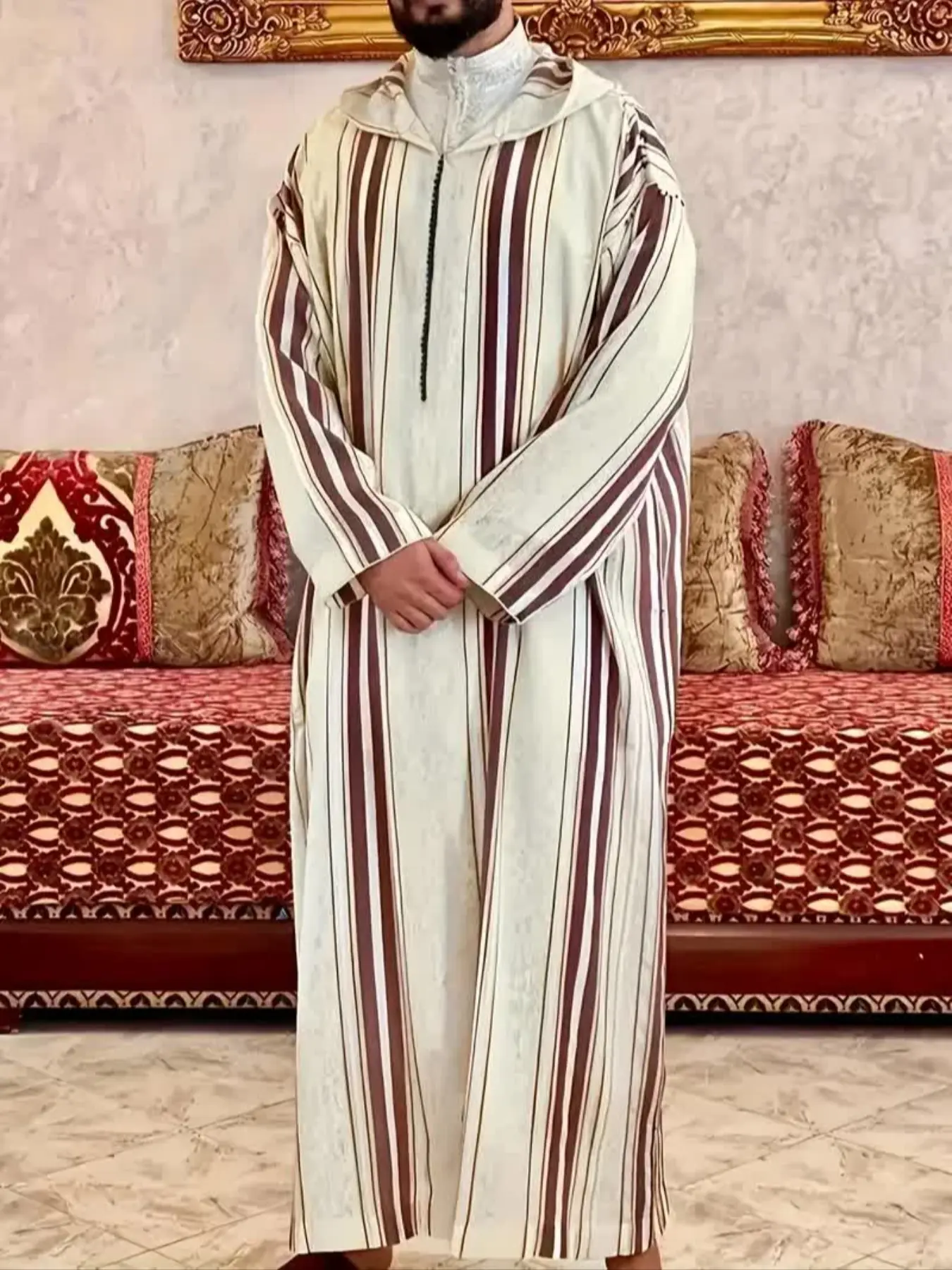 Arab Muslim Moroccan Classic Long Robe Modesty Thobe, Islamic Thobe, Traditional Ramadan Eid Clothing, Men's Hooded Striped Mixed Color Robe, Perfect Gift, Traditional Arabic Robe