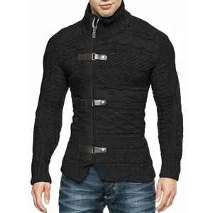 PASLTER Men's Cable Knitted Oplique Zip Button Front Long Sleeve Cardigan Sweater Leather Outfit Zipper Jacket