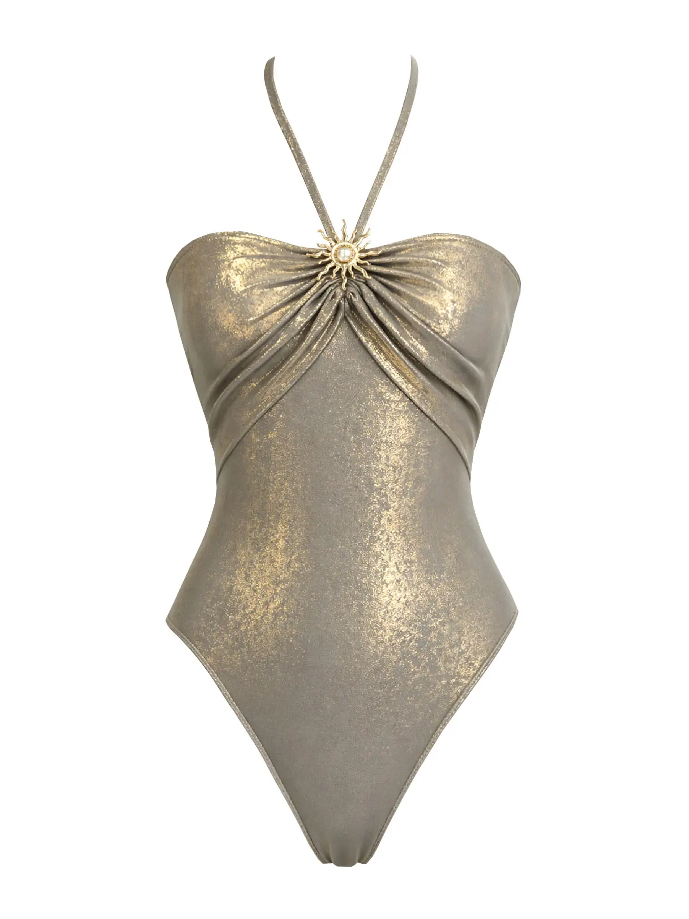 2026 classic halter shiny one-piece women’s swimsuit set—sexy off-shoulder, figure-flattering fitted base layer; ideal for holiday casual beachwear and hot spring wear.