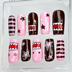 Kawaii Monster Press On Nails | Y2K Pink & Brown Short Square Nails | Cute 3D Cartoon Monster Face, Star & Stripe Handmade Fake Nails