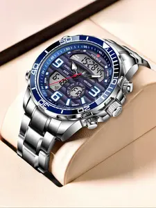 Men's Classic Business Digital Quartz Watch, Stainless Steel Watch, Fashionable Round Dial Analog-digital Watch with Luminous Dial, Waterproof Watch with Date Display Function, Perfect Gift for Men, Stainless Steel Wristwatch, with Box