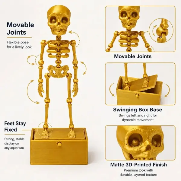 Upgraded Skull Shape Fish Tank Skeleton Dancer Ornament - Full Accessory Set, Motion Air Bubble Action Bubbler, Flexible Joints, Poseable Limbs, Safe for Freshwater-Saltwater Underwater Display Use, Unisex