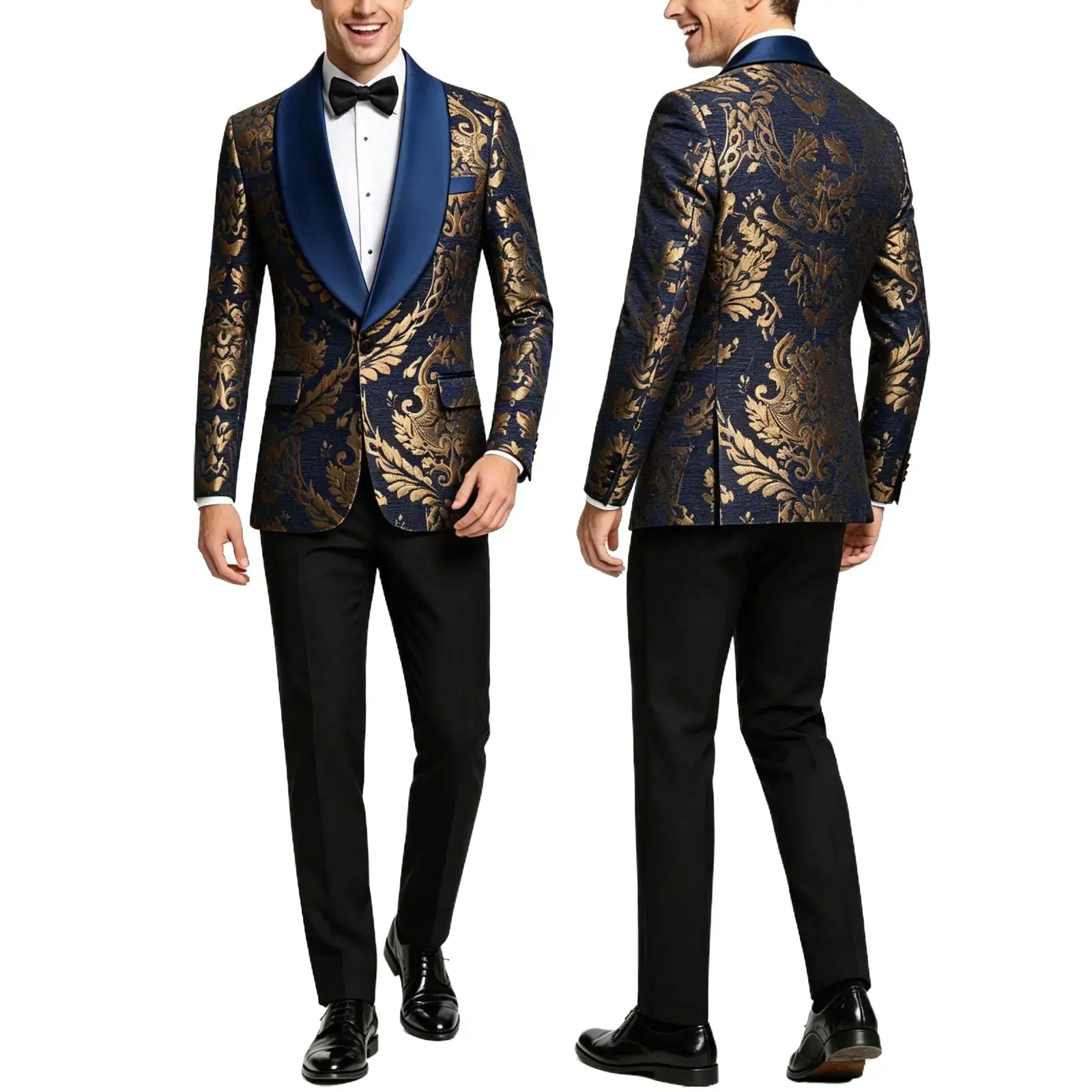 Men's Gold Floral Polyester Jacquard Formal Suit Set - Long-Sleeve Satin Shawl Lapel Tuxedo Jacket with Matching Trouser, Wrinkle-Resistant, Original Cut Soft Wear for Weddings, Proms, Business Casual Events