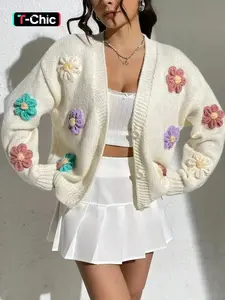 Women's 3D Floral Appliques Button Front Fitted Cardigan, Casual Feminine Long Sleeve V Neck Knitwear for Fall & Winter, Going Out Top, Ladies Knit Clothing for Daily Wear, Womenswear, Elegant Cardigan Knitwear