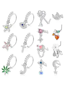 L Shaped Dangling Nose Rings Hoops, Cute Star Heart Design Nose Ring Hoop, Stainless Steel Nose Piercing Jewelry with Charm for Women & Men, Flat Pierced Jewelry, Fashion Body Jewelry, Nose Rings Set