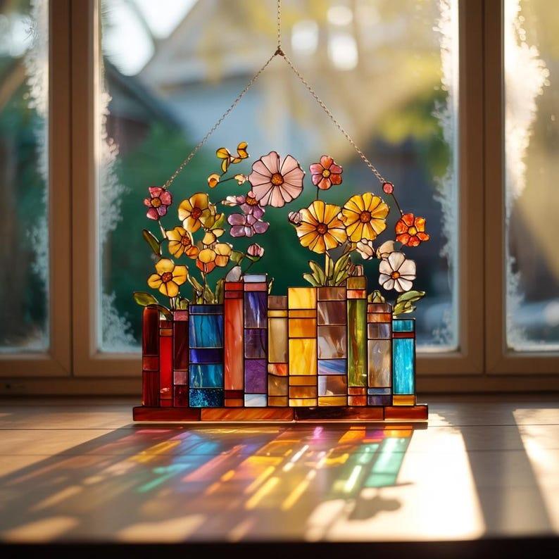 Flower Book Acrylic Suncatcher, Flower Window Hanging, Book Lover Gift, Book Lover Suncatcher, Book Reader Gifts, Floral Sun Catcher