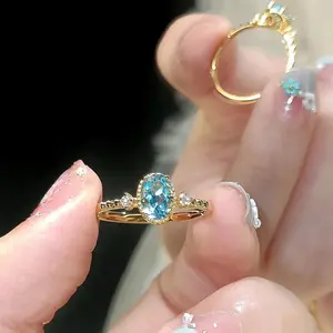 Inspiration Diamond studded aquamarine oval rings for women  fashion light luxury small blue ring party fine jewelry gift