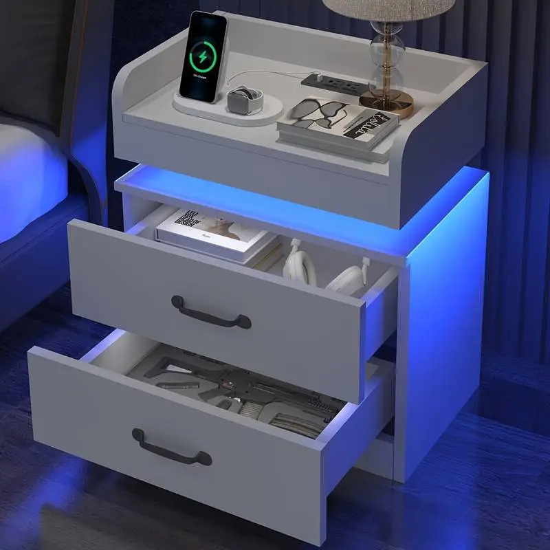 Modern White LED Bedside Table with 2 Drawers, Charging Station, USB Ports, Charge + Light Combo - Small Spaces Home Organizer for Bedroom, Led Lights, Nightstand