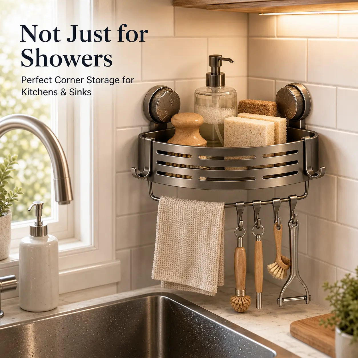 Suction Cup Bathroom Rack - No Drilling Bathroom Accessory, Durable Space-Saving Shower Organizer, Eco-Friendly Adhesive Trays, Adjustable Strong Triangular Rack with Hooks, for Shower & Toilet Walls/Tiles