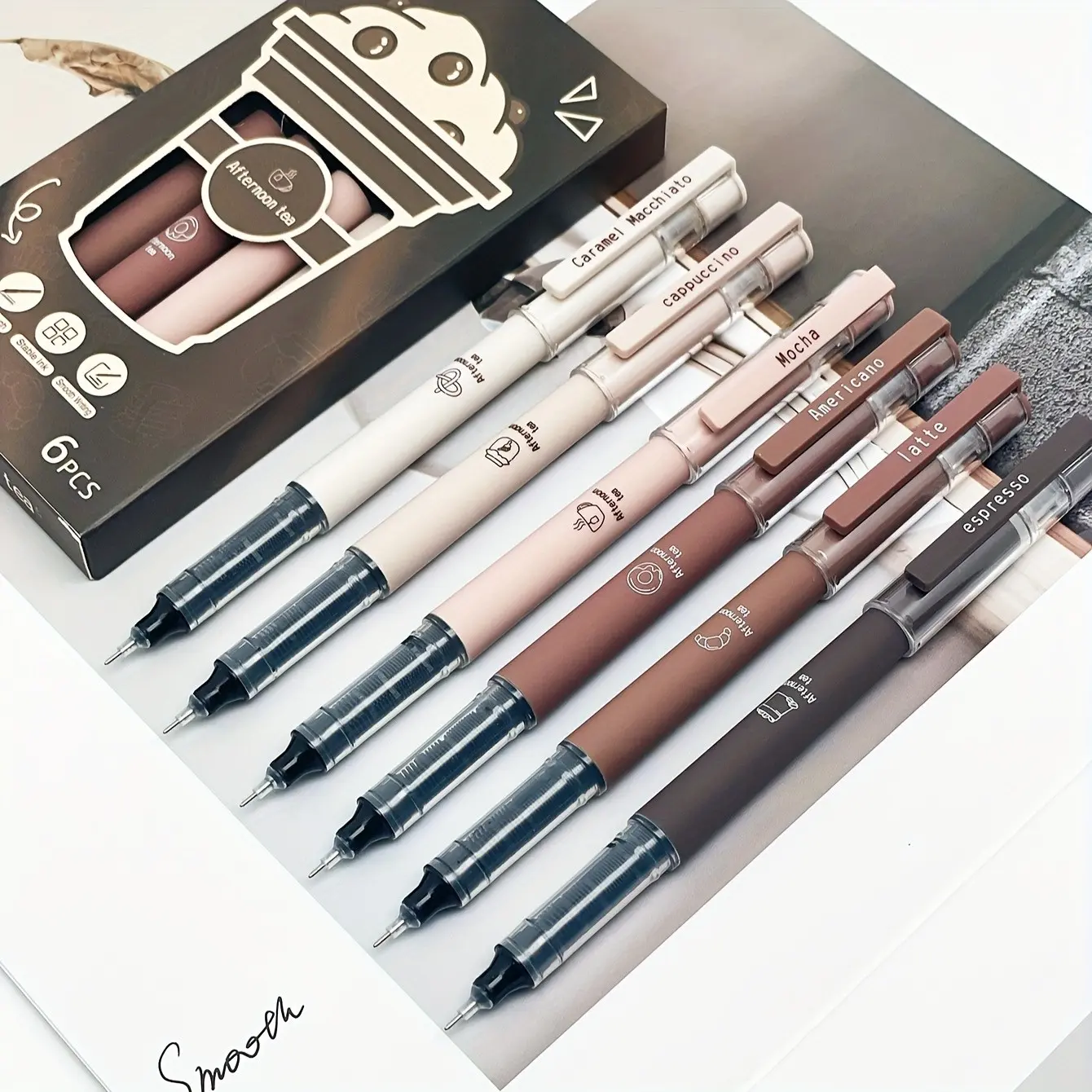 6/12/24pcs dark coffee-themed liquid-ink quick-dry ballpoint pens, Writing pens, Pen set, ideal for note-taking, sketching, school supplies and office stationery. The perfect choice for back-to-school season, Valentine's Day, Christmas gifts.