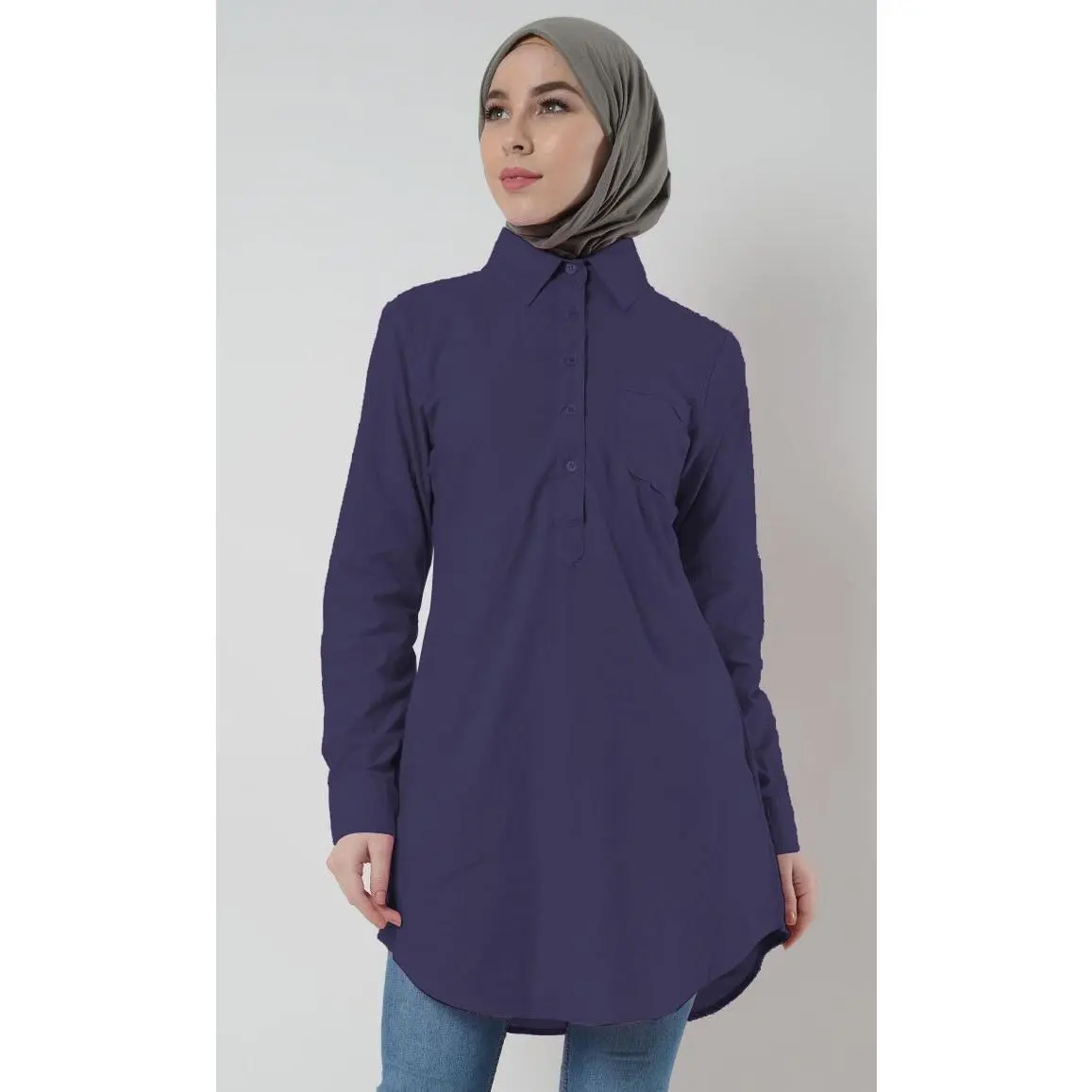 Cotton Button School Uniform Tunic for Women-Navy