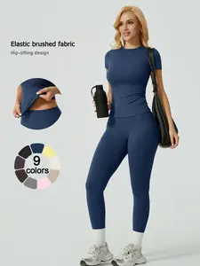 Two-Piece Set Women's Solid Ribbed Long Sleeve Tee & Leggings Sport Set, Casual Breathable Quick Drying T-shirt & Skinny Pants Set for Yoga Gym Workout Running, Ladies Sportswear for All Seasons, Sweatsuit Set, Activewear Set