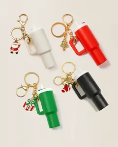 Mini Holiday Water Bottle Keychain with Christmas Charms - Removable Lid Premium Gold Clasp & Keyring Available in 4 Colors Red White Ivory Green Black