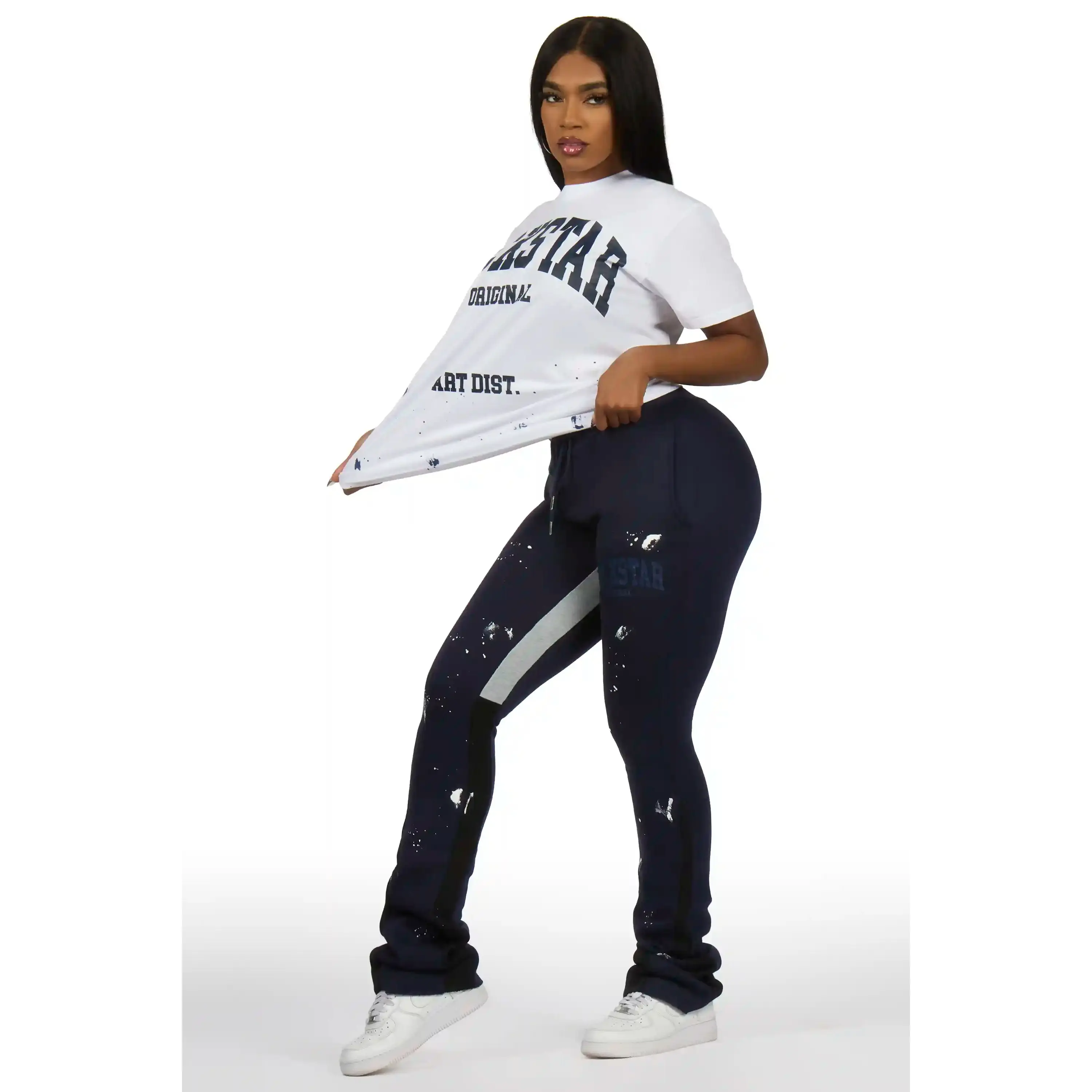 Nadiyah White/Navy T-Shirt Stacked Track Set