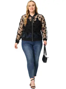 Agnes Orinda Plus Size Sheer Floral Lace Long Sleeve Baseball Jacket