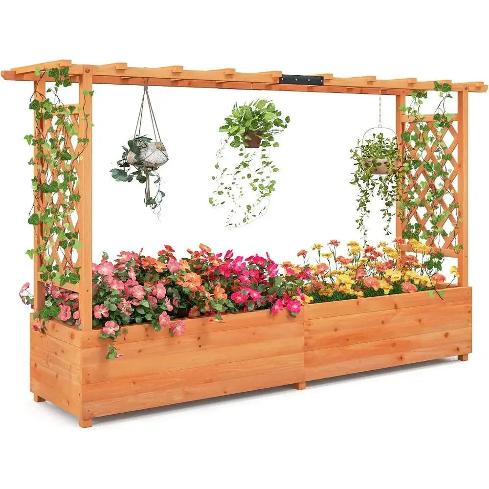 Wooden Raised Garden Bed with Trellis & Roof