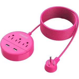 15 Ft Extension Cord Power Strip with USB, NTONPOWER Mountable Power Strip Flat Plug with 3 Outlet 2 USB, ETL Listed, Desktop Charging Station, Compact Size for Home Office Dorm Room Nightstand, Pink NTONPOWER