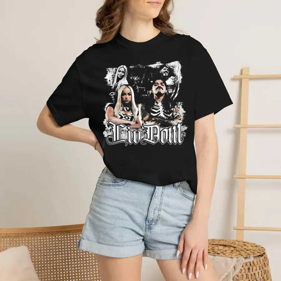 Liv Morgan-Dominik Mysterio  LivDom Washed Black T-Shirt, WWE Raw Gothic Vintage Graphic Tee HGE03801