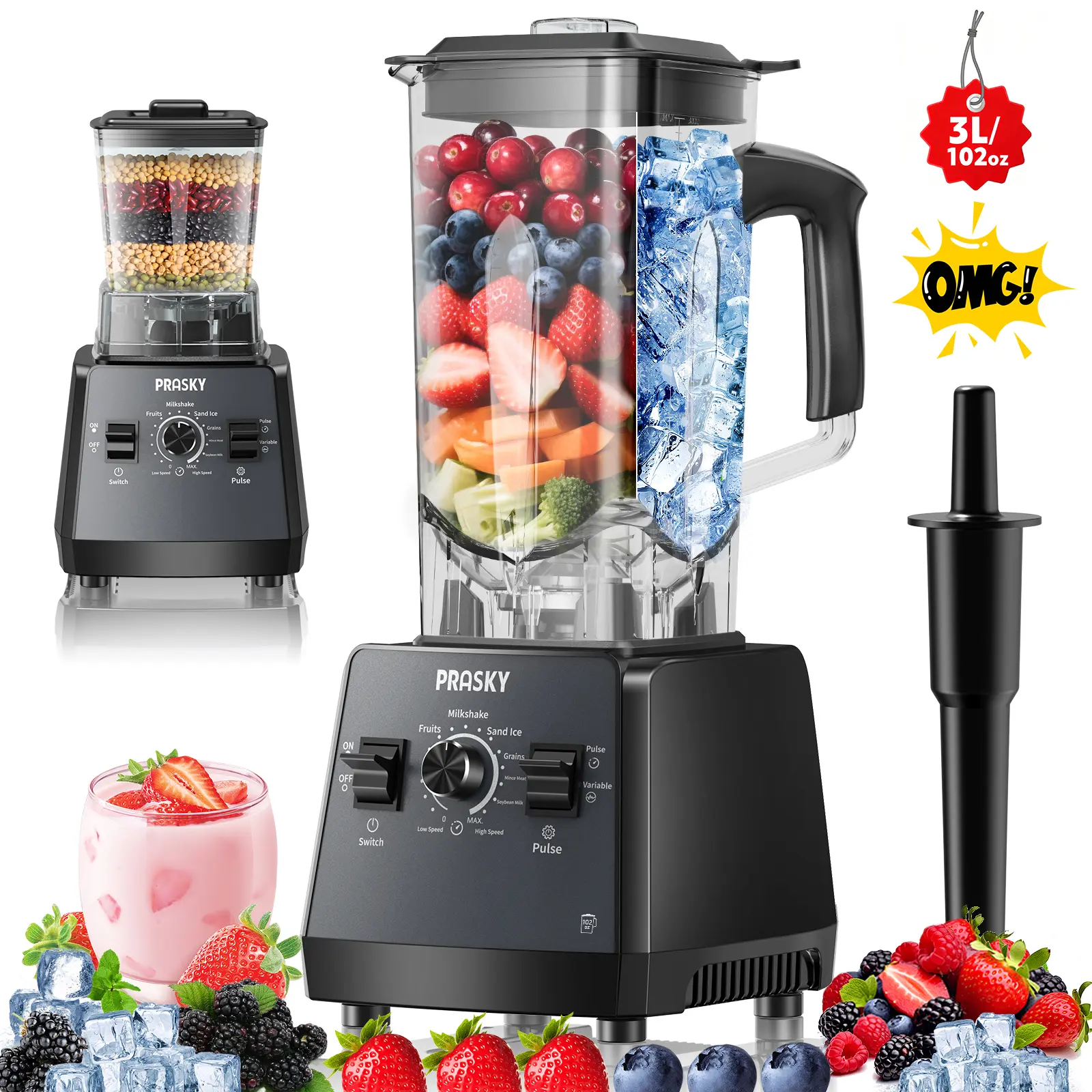 Prasky PRO 3L/101OZ Blender,Kitchen for Blender BPA Free 2 Containers Countertop Blenders Ice Crushing&Max.2400Watts/1000Watts Blender and Grinder Combo 25000RPM , Smoothies/Juice/Nuts BUTTER/Food Processor/Kitchen Appliances