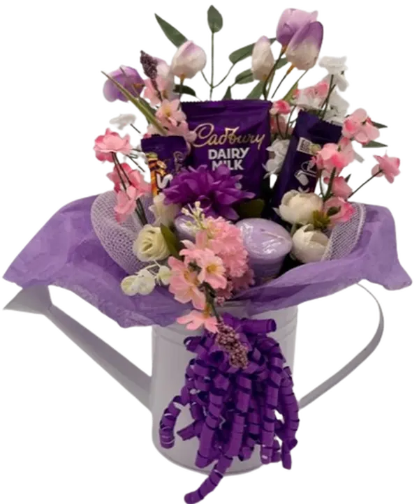 Cadburys Marvelous Mauve Bouquet with Chocolate Bars & Yankee Candles in Watering Can Pot for Home Decor & Gift