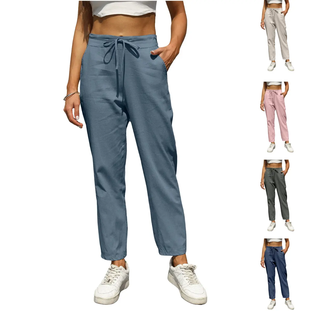 Kingapril Women's Loose Cotton Linen Jogger Pants, High Waisted with Drawstring and Pockets, Summer Casual Beach Bottoms, Tank Tops, Basic