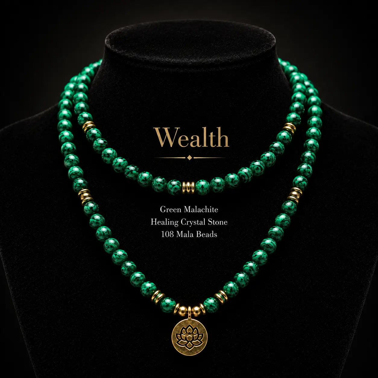 Unisex 8mm Genuine Malachite Crystal 108 Mala Bead Necklace - 41.3in Long Chain with Lotus Charm, Buddha Pendant, Beaded Wrap Bracelet, Yoga Meditation Jewelry, Crystal Necklaces for Daily Wear, Meaningful Gifts, Bead String Necklaces