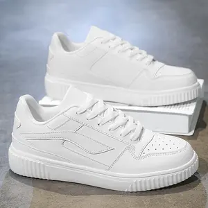 Men's Low-Top Leather All-White Athletic Sneakers - Fashion Low-Top Leather Casual Trainers, Lightweight, Breathable, EVA Soft Sole, Comfortable for Casual Outdoor Use