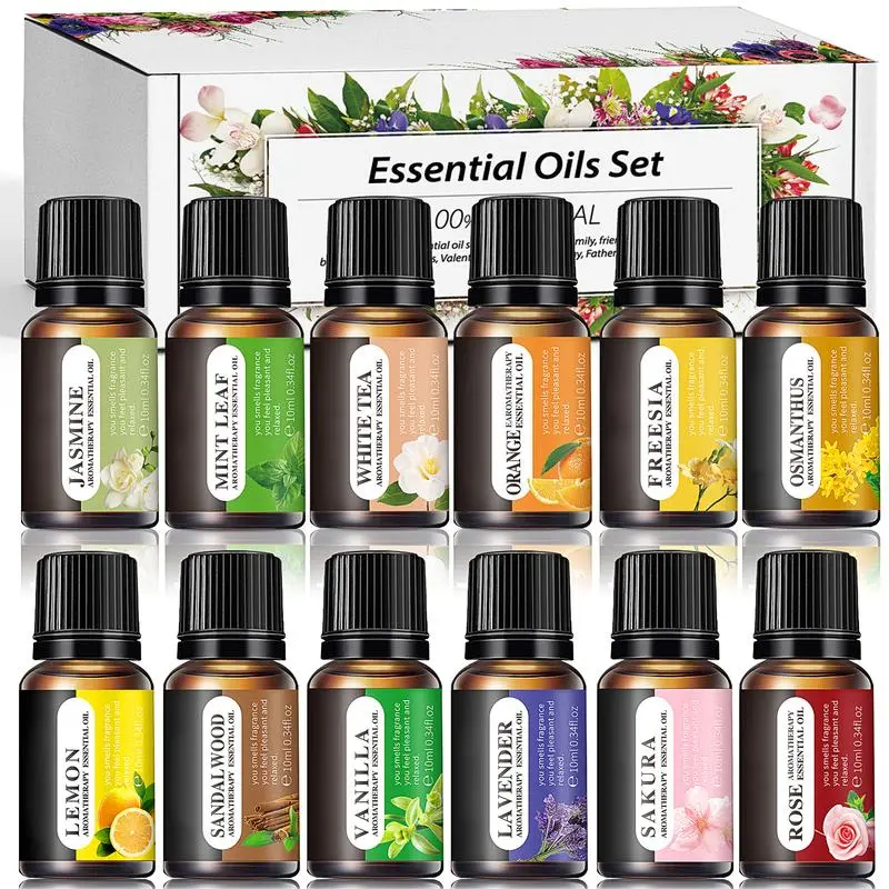 Fruity Essential Oils Set - 10ML Fruit Scent Freshener Oils for Diffuser, Aromatherapy, Candle Making - Mint Leaf, White Tea, Lavender, Lemon, Orange, Osmanthus, Vanilla, Sakura, Rose, Freesia, Sandalwood, Jasmine