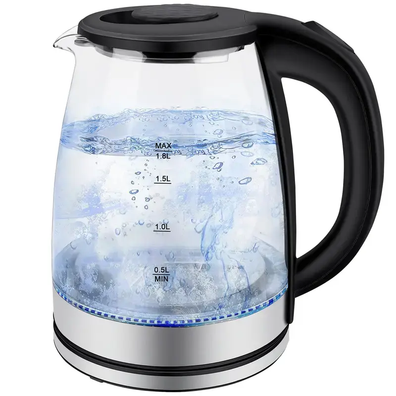 2.0L/2L Electric Glass Tea Kettle - Black, Wide Opening, LED Light, Auto Shut-Off, Overheat & Boil Dry Protection, Removable Lid, Drip-Free Spout, Easy to Clean Home Kitchen Family Appliance (Boils in 3-7 Minutes)