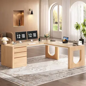 Sedeta 63" L-Shaped Wooden Executive Desk - Home Office Furniture with 3 Sliding Drawers, 1 File Drawer, U-Legs, Embossed Grain, Power Outlets for Commercial & Home Use
