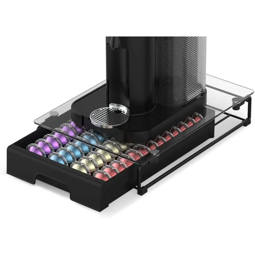 Tempered Glass Top Nespresso Vertuo Capsule Holder - Classic Kitchen Countertop Organizer Drawer, Holds 40 Big or 52 Small Vertuoline Pods, 12x15.6x3.5in Dimensions, Coffee Pod Storage Gadget, Holds Pods