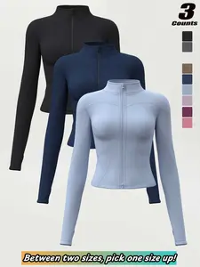 Women's High Stretch Stand Collar Thumb Hole Slim Fit Workout Top, Breathable Yoga Shirt, Long Sleeve Running Jacket, Sizes S-Xxxl