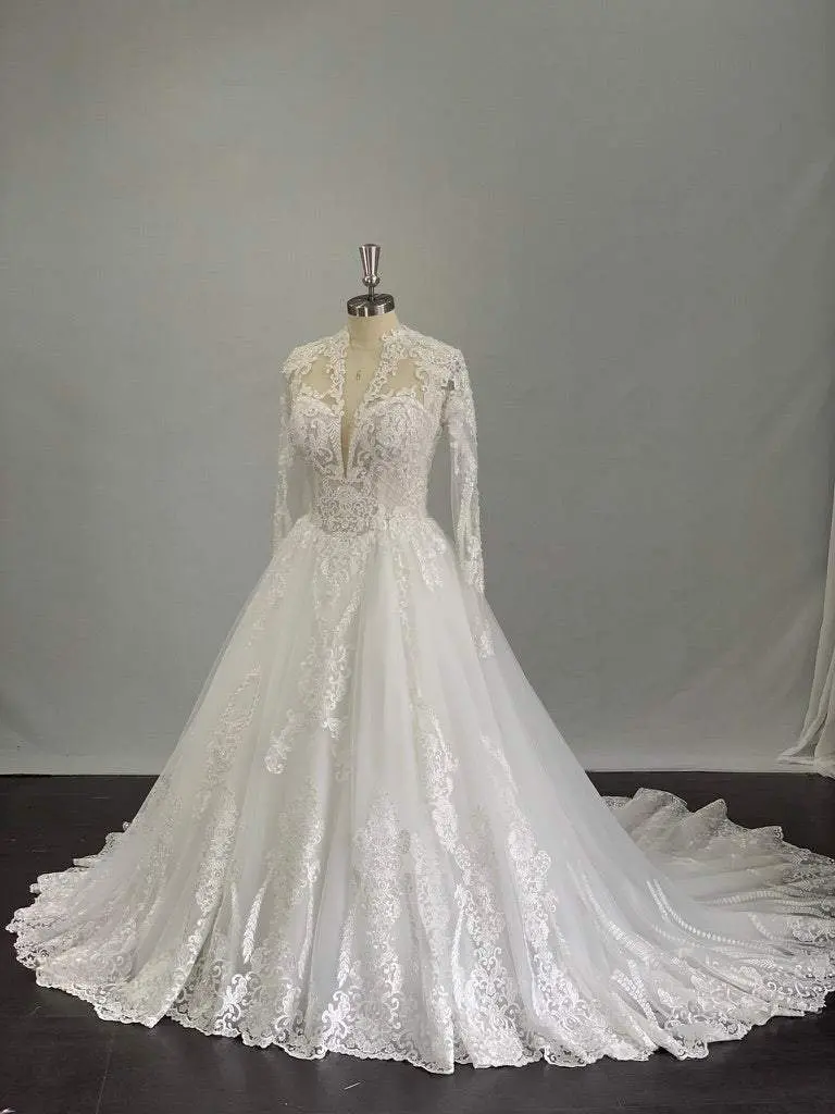 Women's A-Line Full-Length Wedding Gown - Beaded Tulle Lace, Plunge V-Neck, Long Sleeves, Cathedral Train, Button, Pearl Zipper, Modifiable, Custom Color, Beading