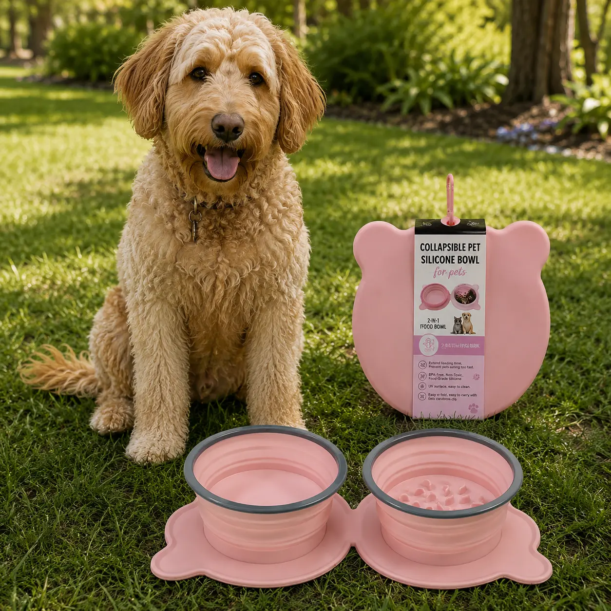 2-in-1 Collapsible Pet Bowl, Foldable Silicone Double Dog & Cat Bowl with Slow Feeder Design, Portable Travel Food & Water Bowl, Easy to Clean, Lightweight for Walking, Camping & Road Trips