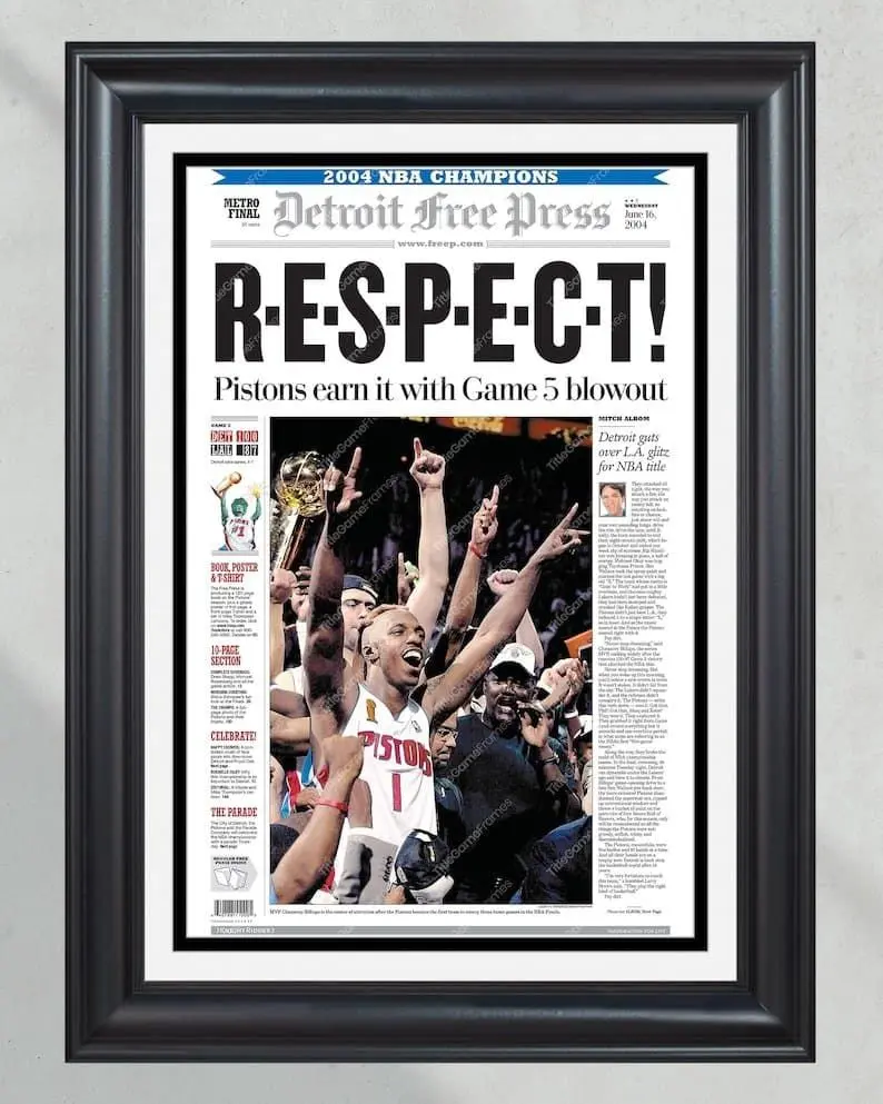 2004 Detroit Pistons NBA Champions 'Respect' Unframed Poster - Defeating Lakers Newspaper Cover Print - Goin' to Work Era - Basketball Wall Art