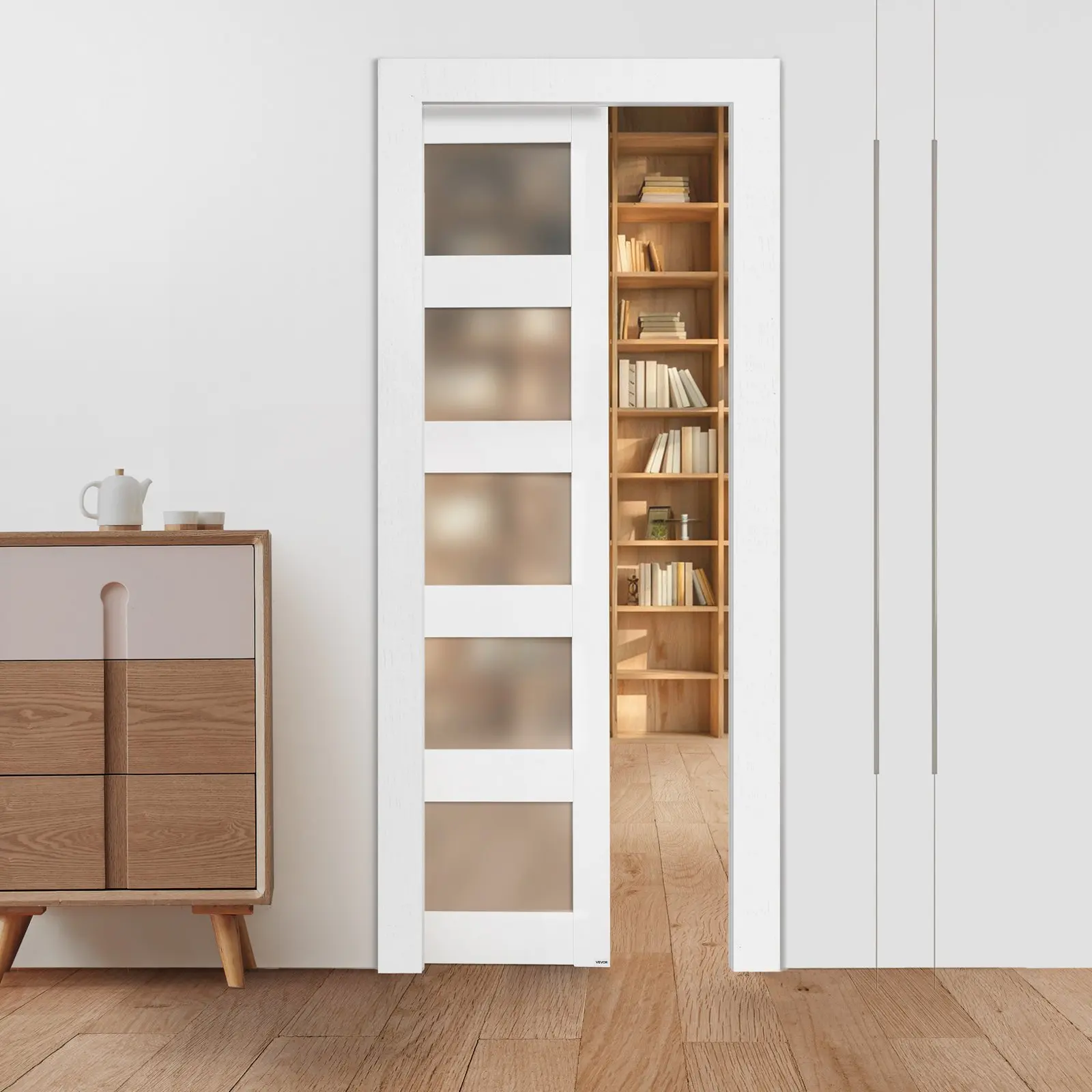 【DealsForYouDays】VEVOR Sliding Pocket Door, 30x 80, 5-Lite Frosted Glass Single Sliding Door with Hardware Kit, Sturdy Solid Wood MDF Pocket Doors Slab with Waterproof Surface for Bedroom Kitchen Study Room