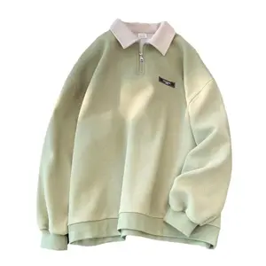 Men’s spring/autumn polo shirt, Japanese retro color-blocked collar sweater, heavyweight school-style casual loose outerwear menswear top khaki long sleeve