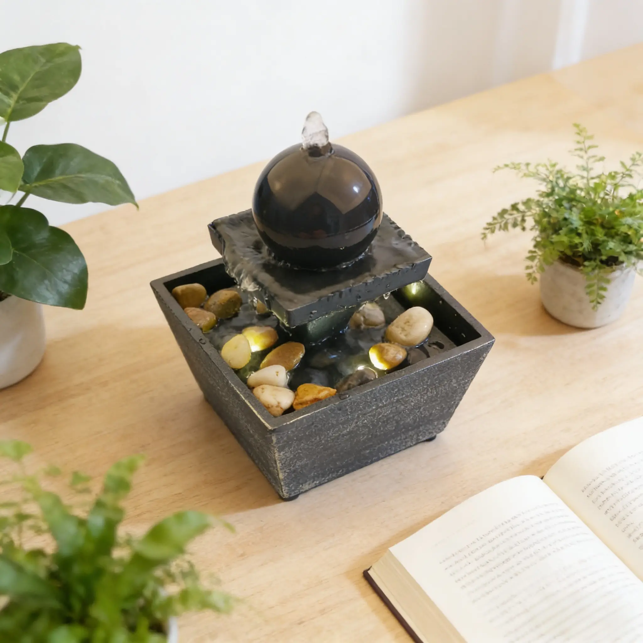 Zen Water Ball Ornament with LED Atmosphere Light, Desktop Feng Shui Fountain, Home Office Stress Relief Decor, Relaxing Desk Accessory, Home Decor Ornaments, Desktop Decoration Ornament, Decorative Ornaments, Decorative Piece