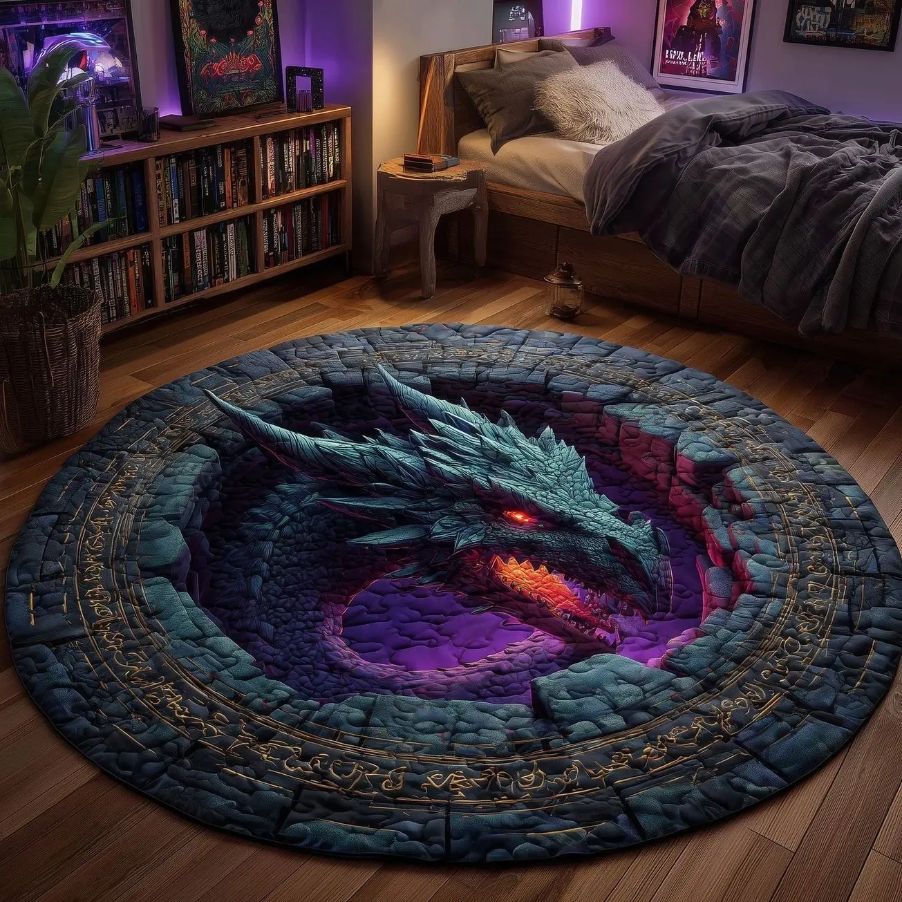 Majestic Dragon Quilted Round Mat, 3D Velvet Round Rug, Fantasy Dragon Floor Decor, Mystical Creature Home Decoration, Medieval Fantasy Room Accent, Legendary Dragon Decor, Fantasy Lover Gift