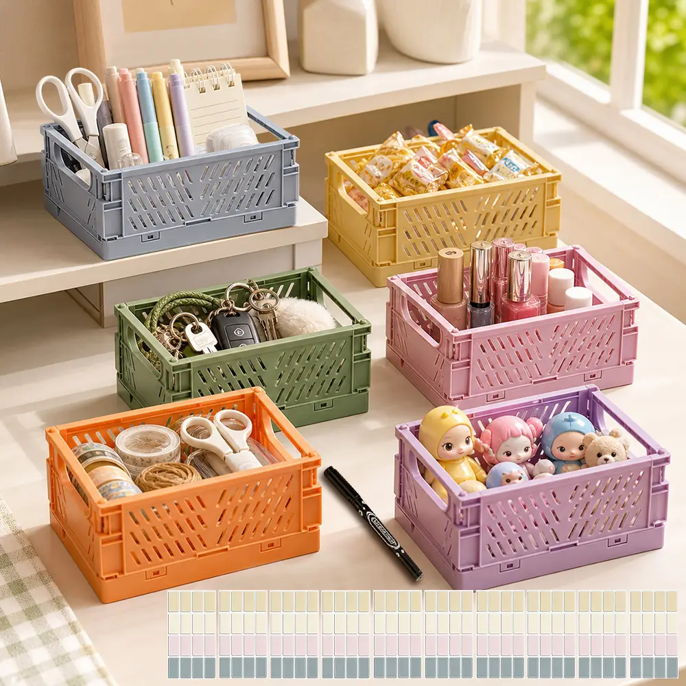 6-Pack Light, Colorful Hollow Pastel Plastic Foldable Crates - Waterproof Small Storage Containers, Kitchen Utensil Organizer (5.98x3.94x2.4 inch) for Home Desktop, Bathroom Use
