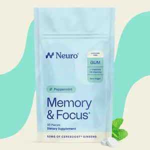 Neuro Peppermint Memory & Focus Decaf Gum (90 Pieces) - Sugar Free with American Ginseng, L-theanine, Vitamin B12 & Vitamin B6